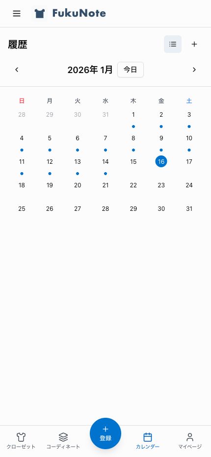 FukuNoteのカレンダー画面（グリッド表示）