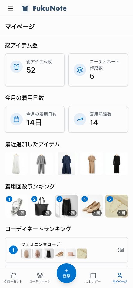 FukuNoteのマイページ画面